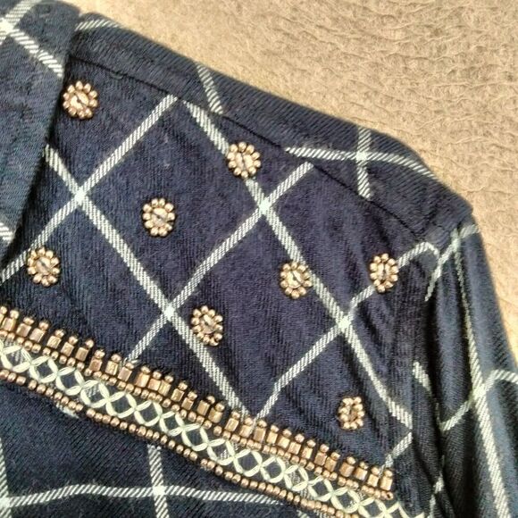 Catherines Button Down Shirt Womens Size 1X Navy Blue Beaded Long Sleeve Grid - Picture 8 of 12